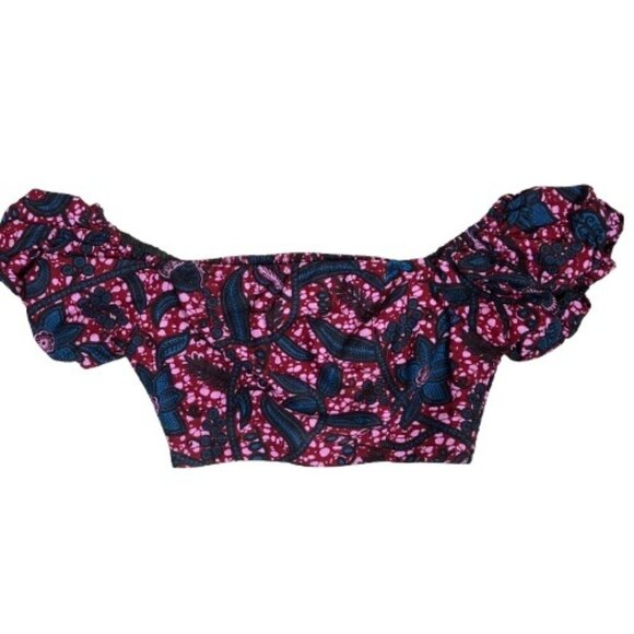 Öfuurë African Print Floral Smocked Puff Sleeve Crop Top Size S/M - Picture 1 of 6